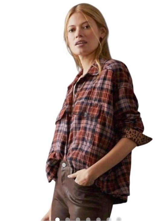 Pilcro Tops - Anthropologie Pilcro Cropped Plaid Flannel Shirt Raw Hem Leopard Trim Size XXS